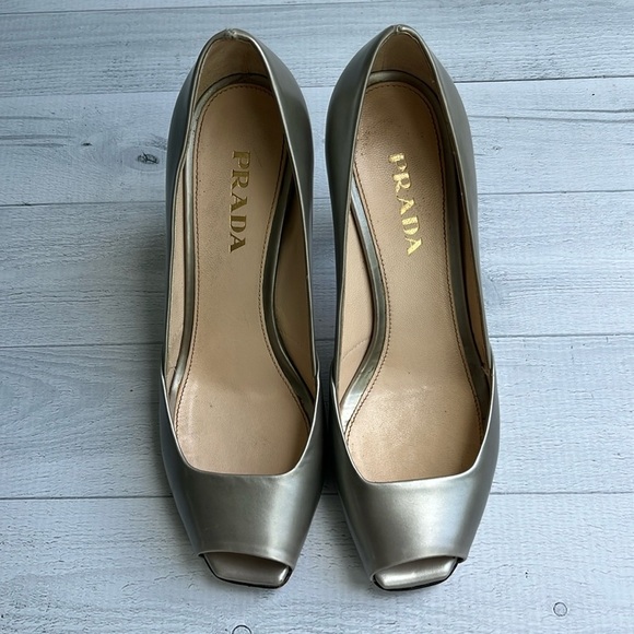Prada Shoes - Prada Metallic Green Silver Leather Peep Toe Pumps Size 6